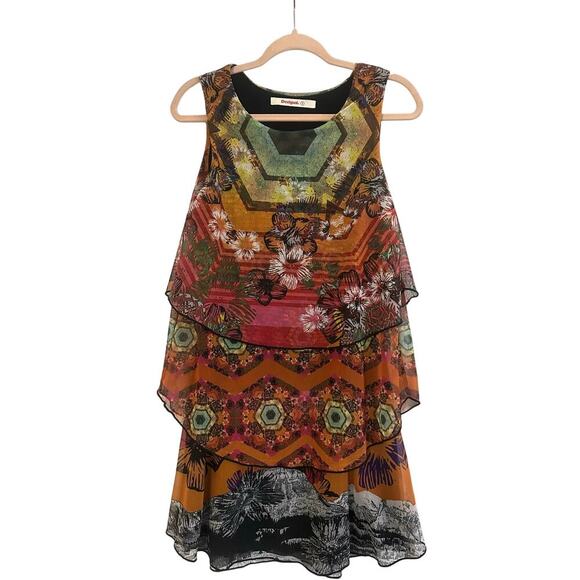 DESIGUAL Short Floral Semi-Sheer Layers Sleeveless Viscose Dress Artsy Sz Small - Picture 1 of 3